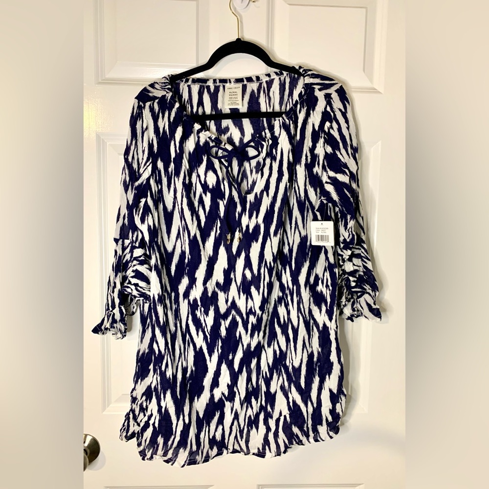 Anne Cole Navy and White Ikat Tie-Neck Swim Coverup